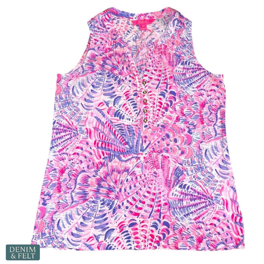 Lilly Pulitzer Essie Tank Top XS Berry Sea You Soon Pink Blue Print Summer - Picture 9 of 14